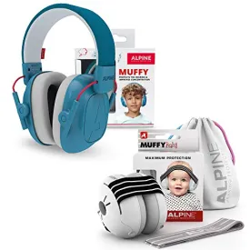 Alpine Muffy Baby Earmuff Black for age 0-3 and Muffy Kids Blue Earmuffs for age 5-16 Kids Hearing Protection Bundles