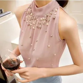 Beading  Sleeveless Chiffon High Collar Blouse