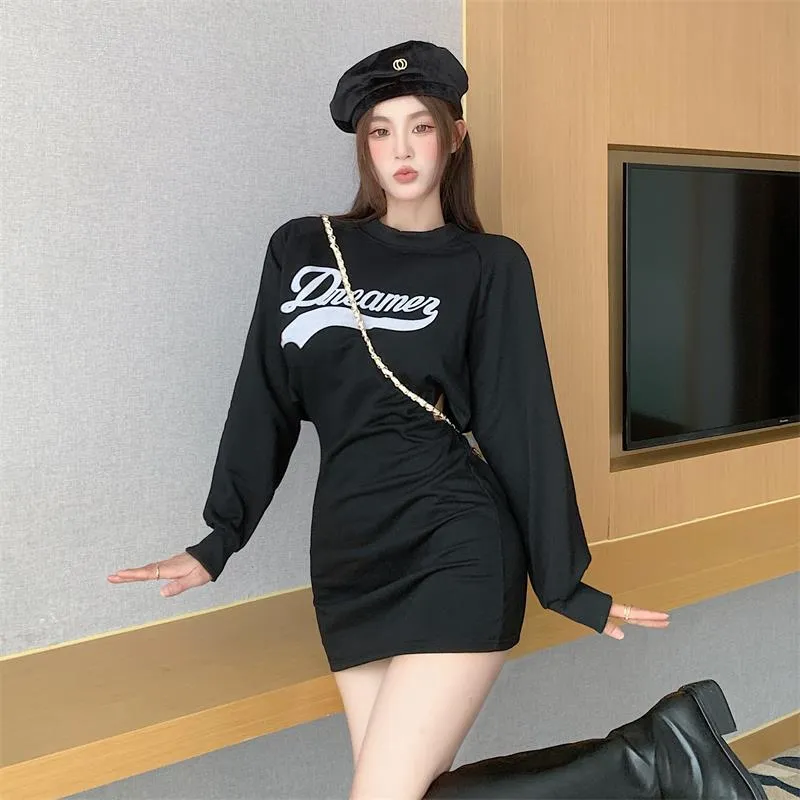 Bjlxn long sweater dress outfit Autumn Korean Style Letter Print Hollow High Waist Slim Slimming Sheath Dress Solid Color Printed Sweater Dress