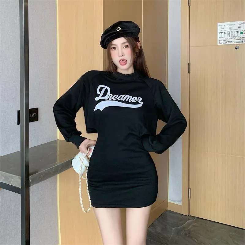 Bjlxn long sweater dress outfit Autumn Korean Style Letter Print Hollow High Waist Slim Slimming Sheath Dress Solid Color Printed Sweater Dress