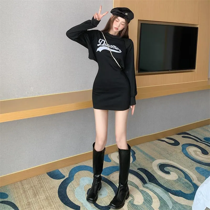 Bjlxn long sweater dress outfit Autumn Korean Style Letter Print Hollow High Waist Slim Slimming Sheath Dress Solid Color Printed Sweater Dress