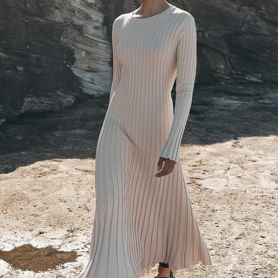 Bjlxn long sweater dress outfit Long Sleeve Round Neck Knitted Dress Autumn and Winter Base Solid Color Sexy Tight Sweater Dress
