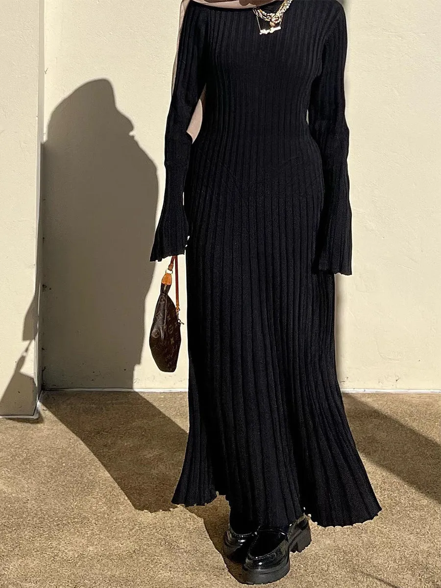 Bjlxn long sweater dress outfit Long Sleeve Round Neck Knitted Dress Autumn and Winter Base Solid Color Sexy Tight Sweater Dress