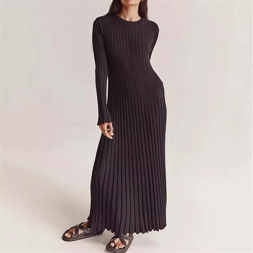 Bjlxn long sweater dress outfit Long Sleeve Round Neck Tight Knitted Dress Autumn Sweater Dress Pit Solid Color Base Dress