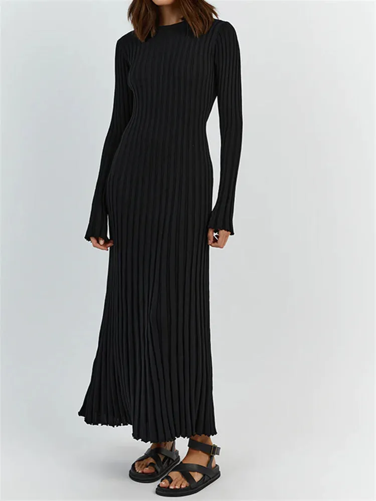 Bjlxn long sweater dress outfit Long Sleeve Round Neck Tight Knitted Dress Autumn Sweater Dress Pit Solid Color Base Dress