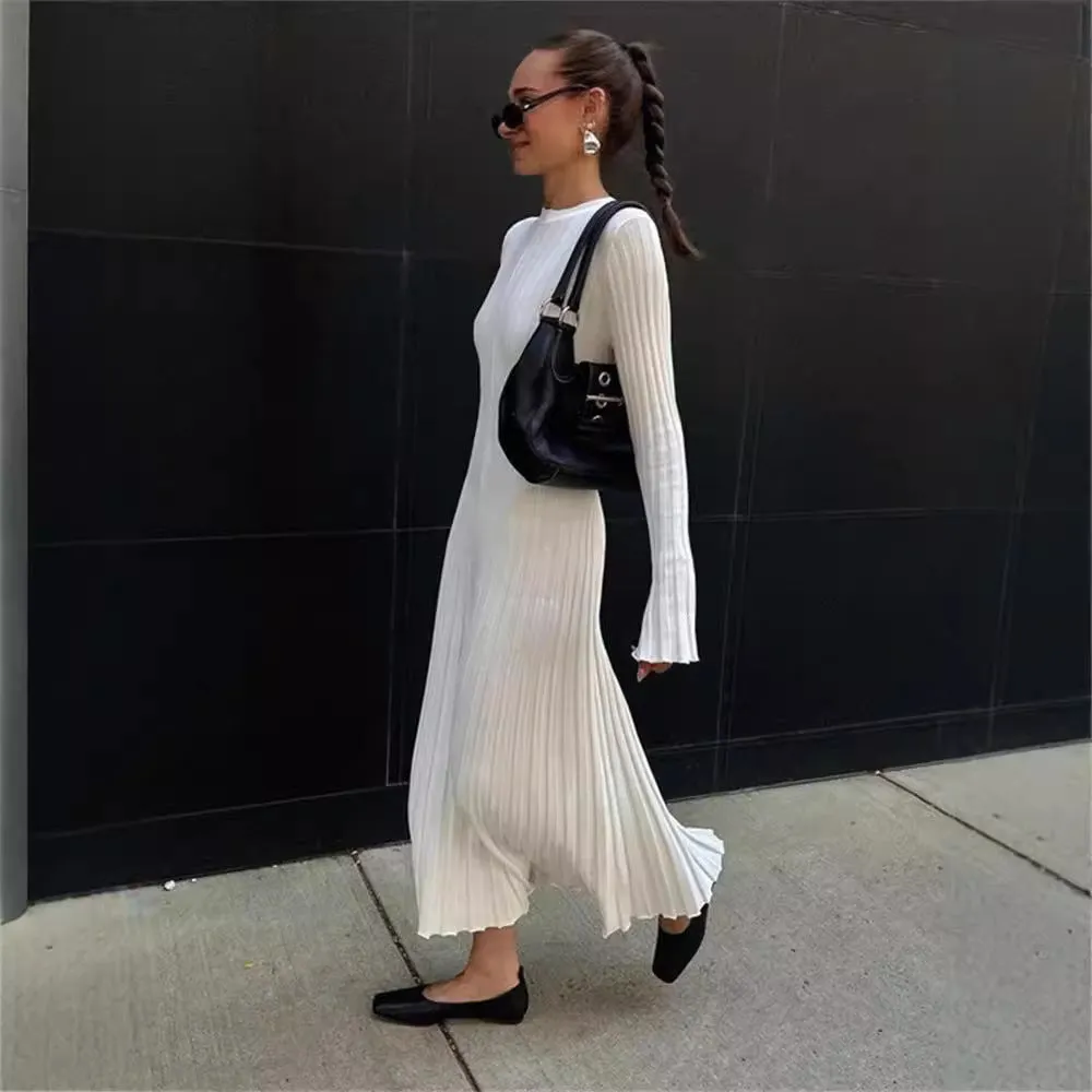 Bjlxn long sweater dress outfit Long Sleeve Round Neck Tight Knitted Dress Autumn Sweater Dress Pit Solid Color Base Dress