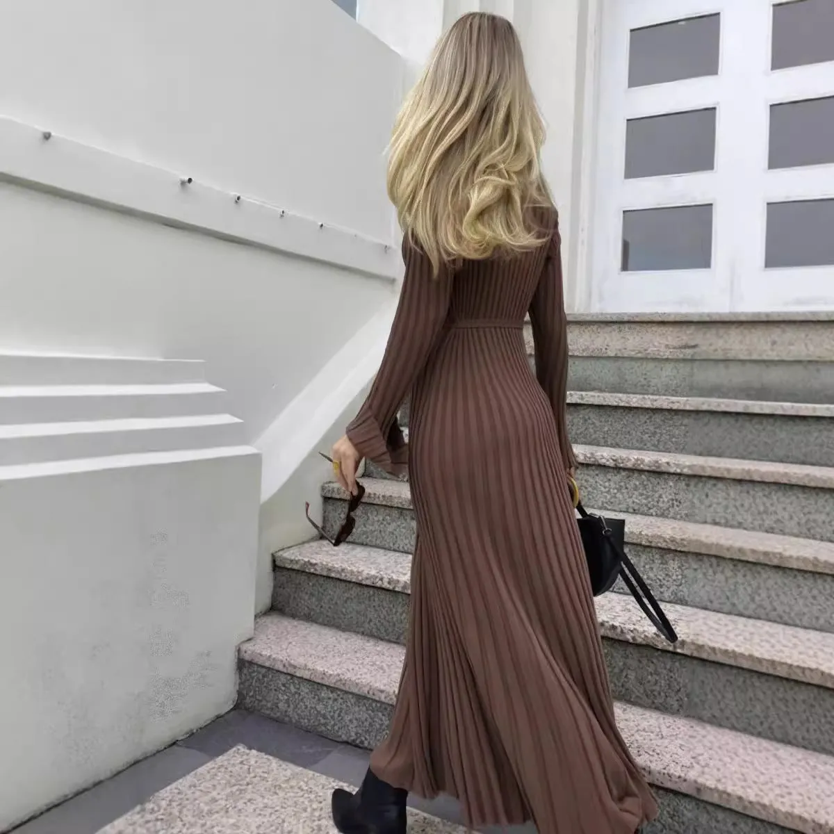Bjlxn long sweater dress outfit Long Sleeve Round Neck Tight Knitted Dress Autumn Sweater Dress Pit Solid Color Base Dress