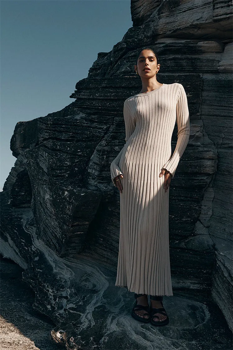 Bjlxn long sweater dress outfit Long Sleeve Round Neck Tight Knitted Dress Autumn Sweater Dress Pit Solid Color Base Dress