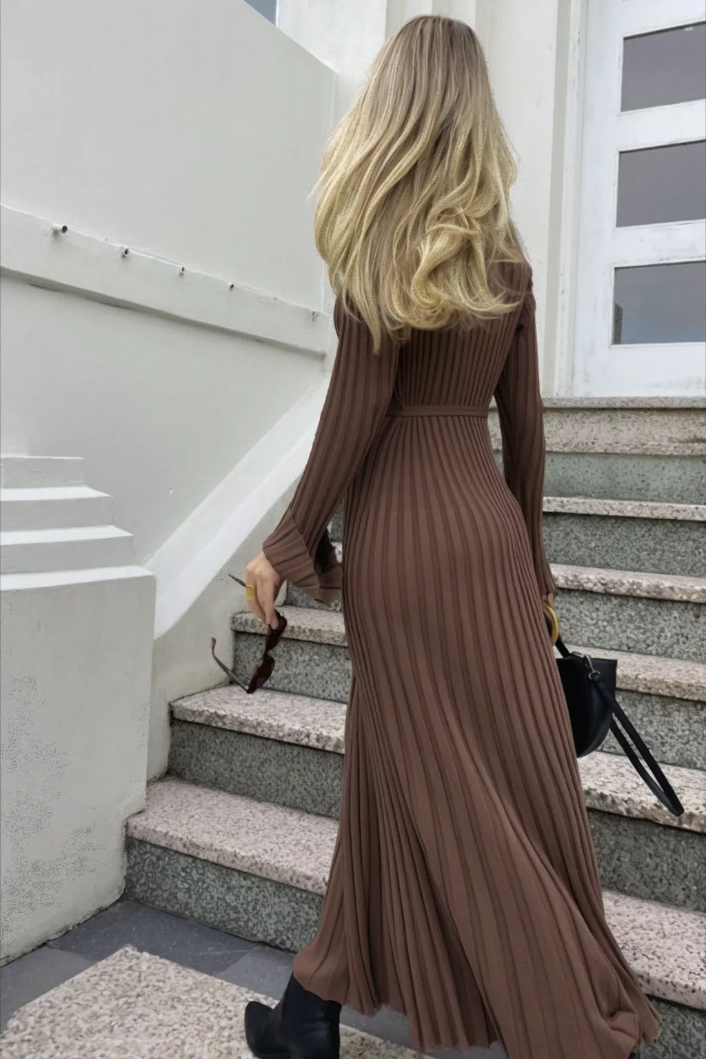 Bjlxn long sweater dress outfit Long Sleeve Round Neck Tight Knitted Dress Autumn Sweater Dress Pit Solid Color Base Dress