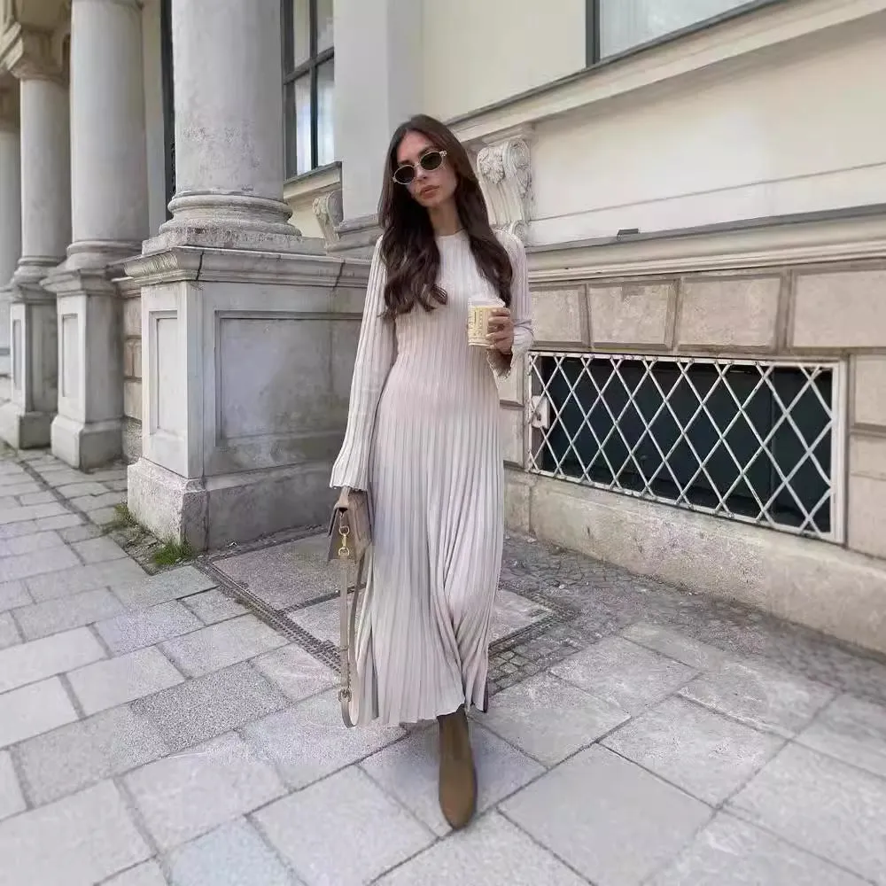 Bjlxn long sweater dress outfit Long Sleeve Round Neck Tight Knitted Dress Autumn Sweater Dress Pit Solid Color Base Dress