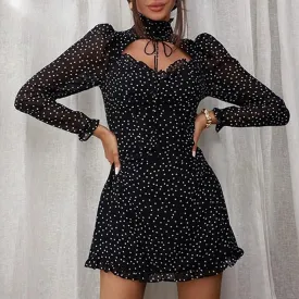 Black Chiffon Mini Polka Dots Print Mini Dress