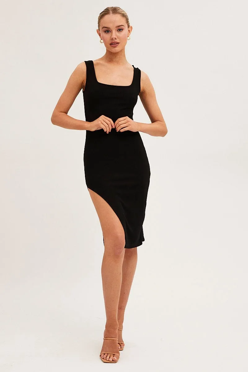Black Side Slip Bodycon Dress Square Neck