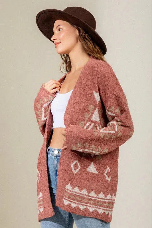 Boho Fuzzy Aztec Geometric Print Cardigan