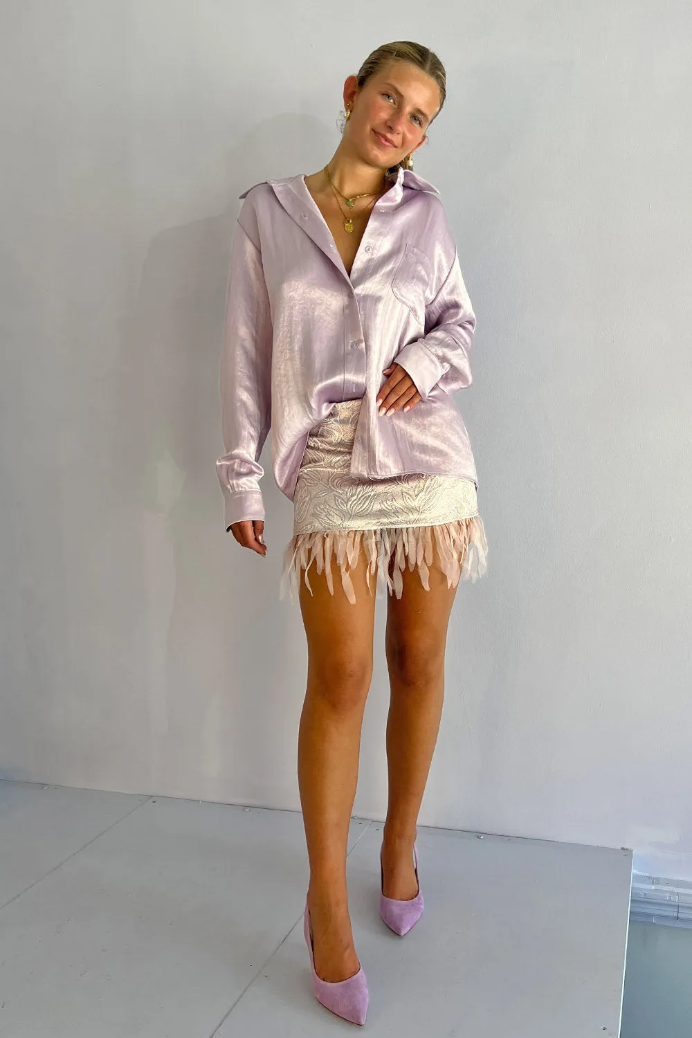 Collina Strada- Feather Mini Skirt: Blush Jacquard