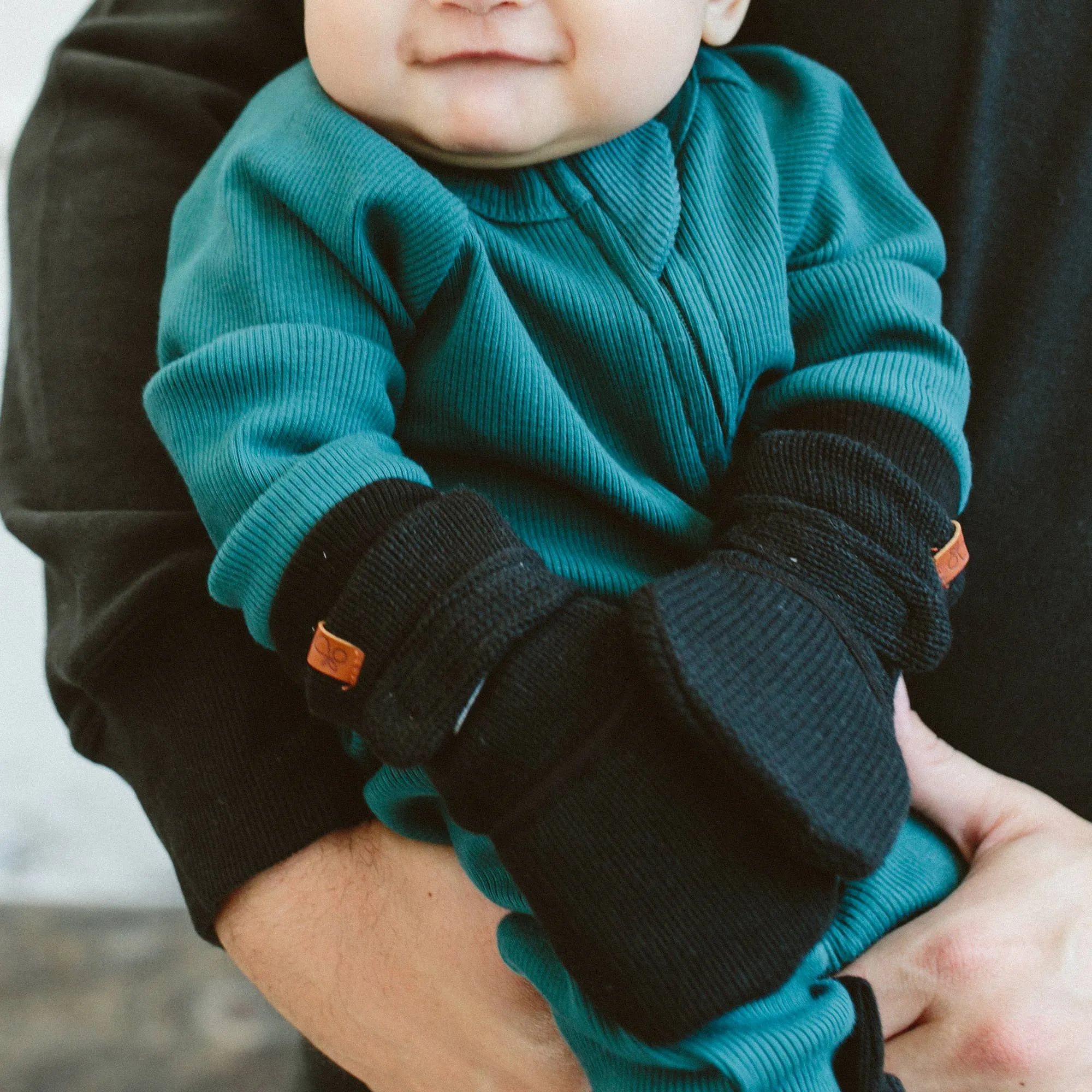 Cotton Knit Baby Stay-On Mitts - Shadow