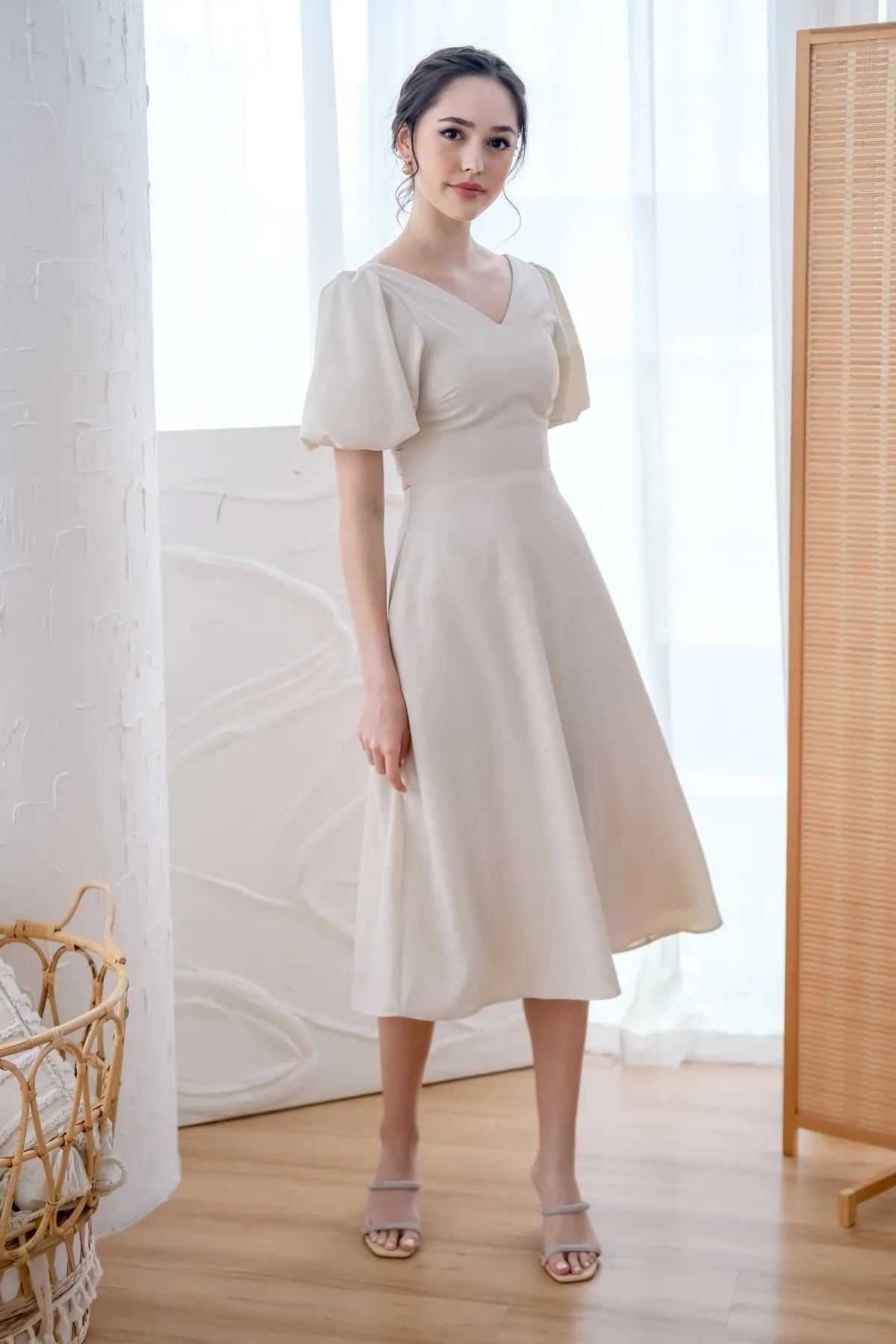 D'angelo Padded Bow Low Back Midi Dress - Ivory [XS/S/M/L/XL]