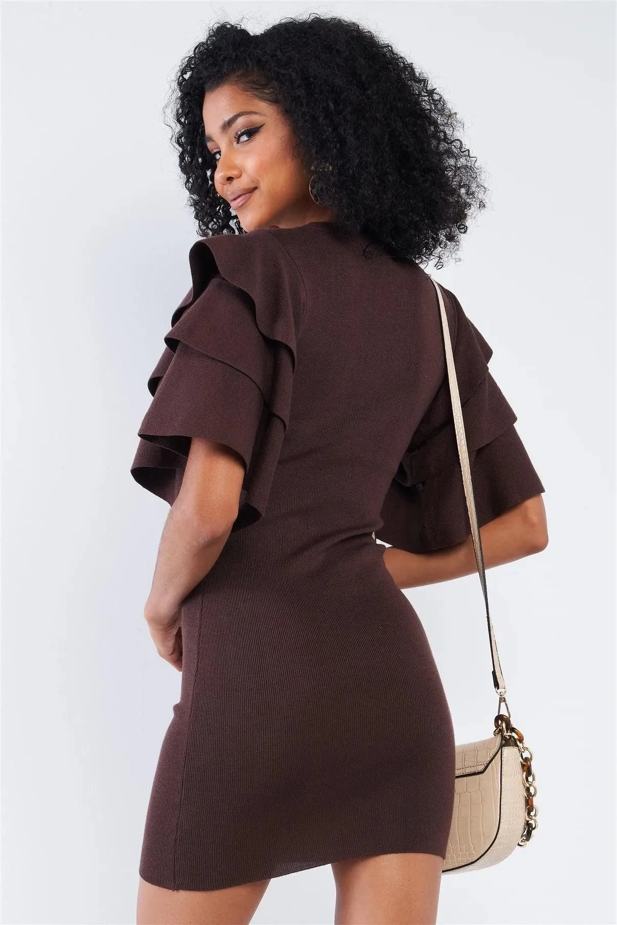 Dark Coffee Brown Tight Fit Multi Layer Frill Short Sleeve Mini Dress /2-2-2