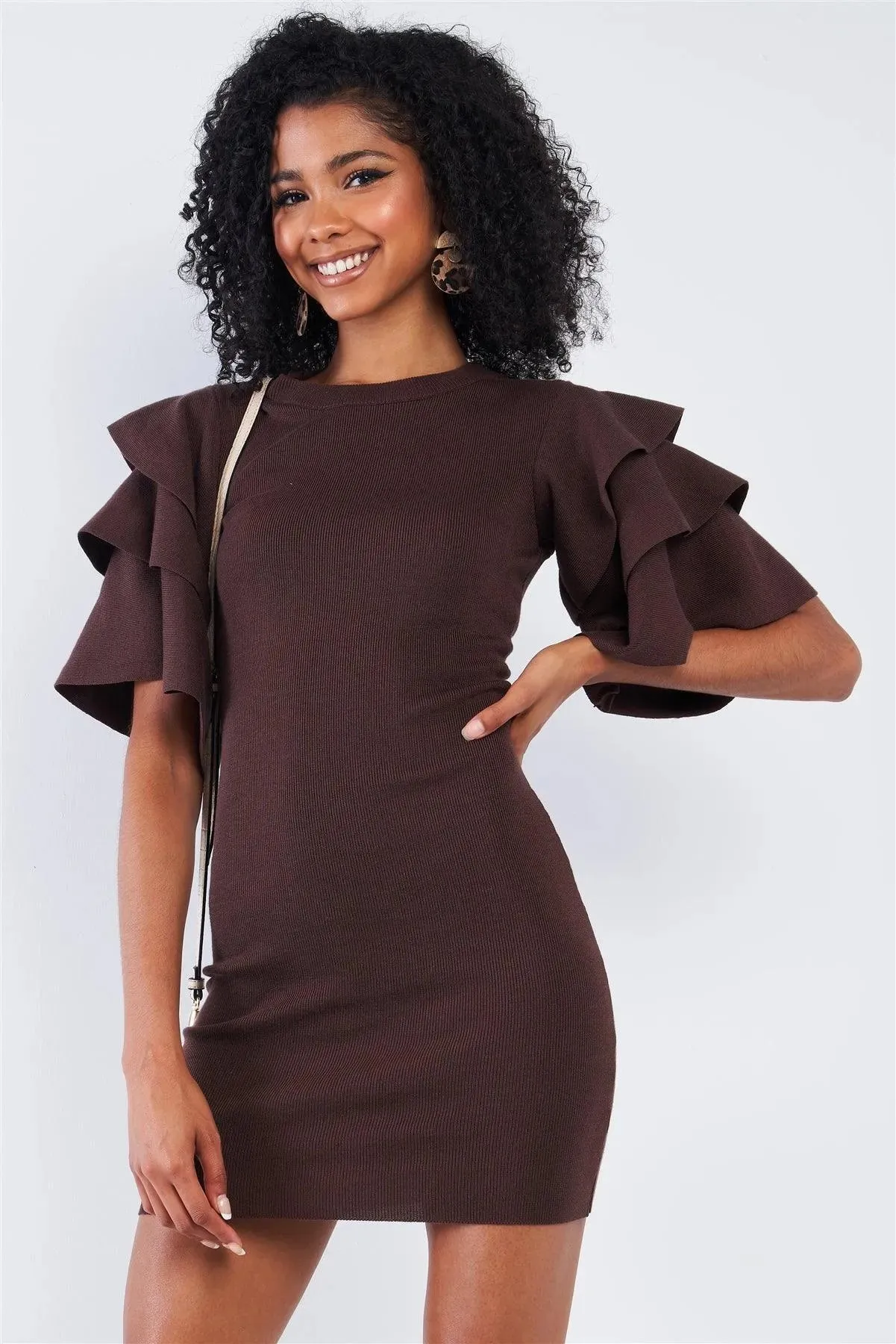 Dark Coffee Brown Tight Fit Multi Layer Frill Short Sleeve Mini Dress /2-2-2