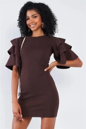 Dark Coffee Brown Tight Fit Multi Layer Frill Short Sleeve Mini Dress /2-2-2