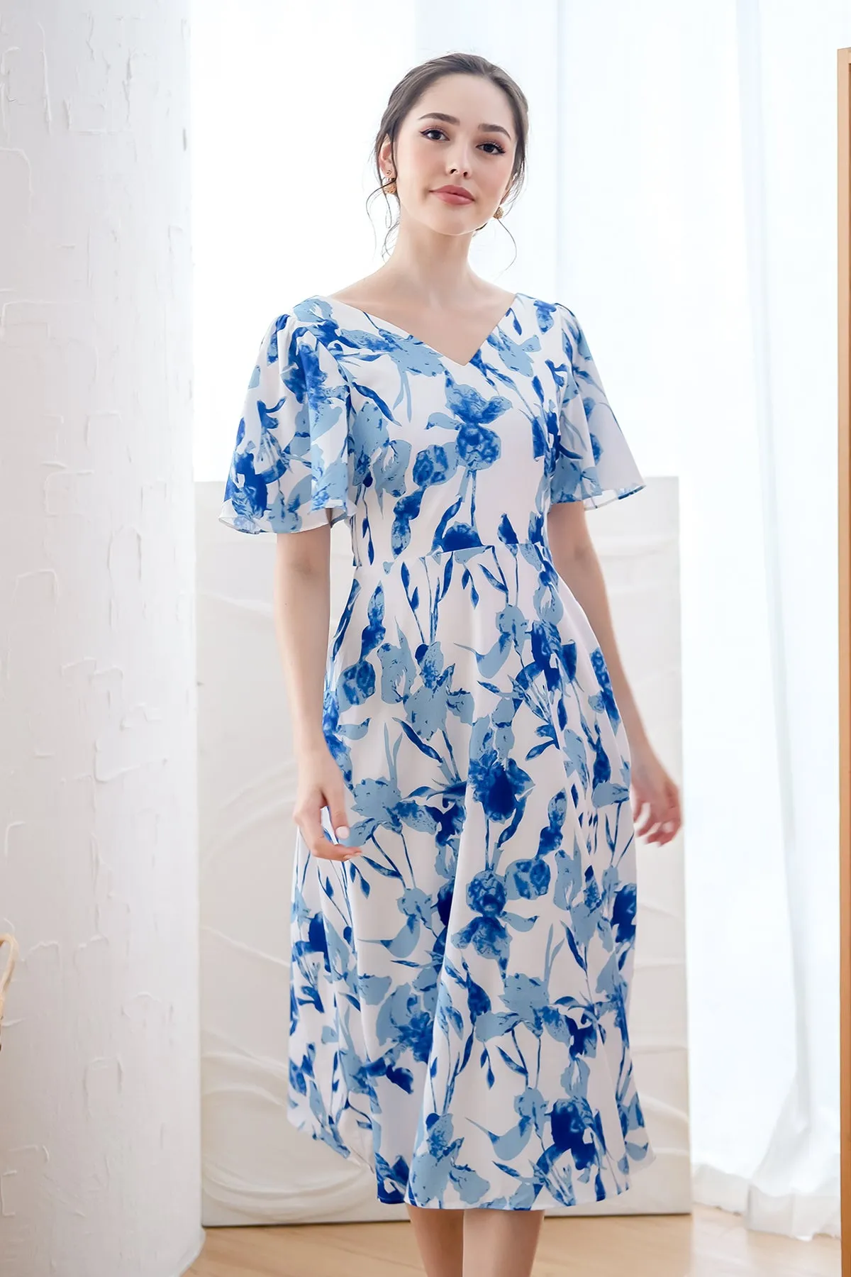 Dita Padded Bow Low Back Midi Dress - Blue Floral [XS/S/M/L/XL]