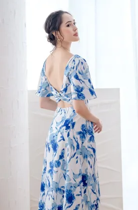 Dita Padded Bow Low Back Midi Dress - Blue Floral [XS/S/M/L/XL]