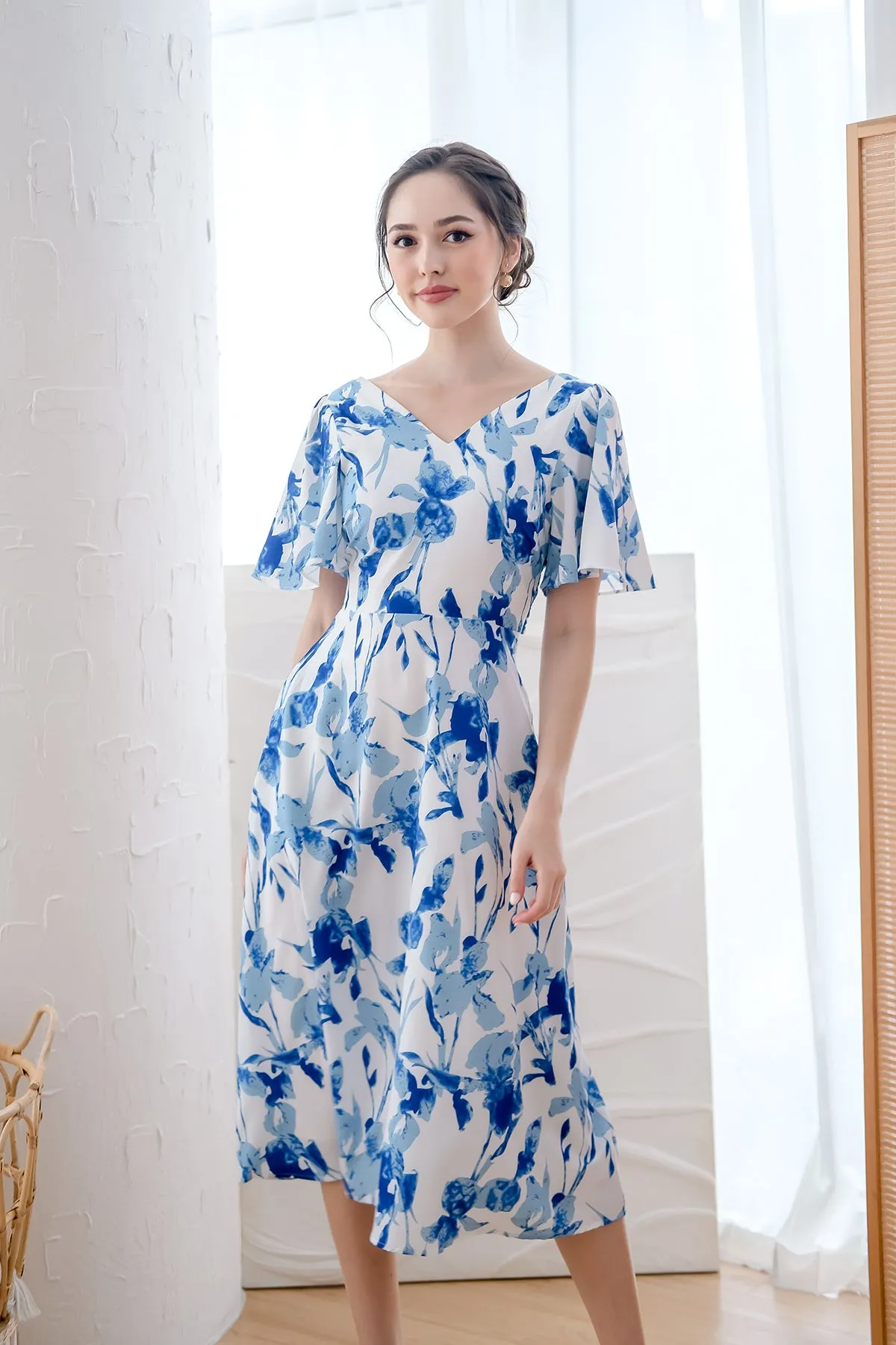Dita Padded Bow Low Back Midi Dress - Blue Floral [XS/S/M/L/XL]