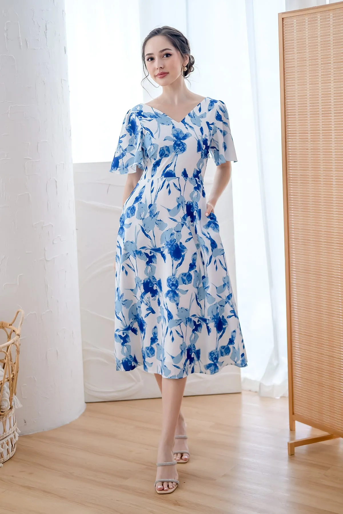 Dita Padded Bow Low Back Midi Dress - Blue Floral [XS/S/M/L/XL]