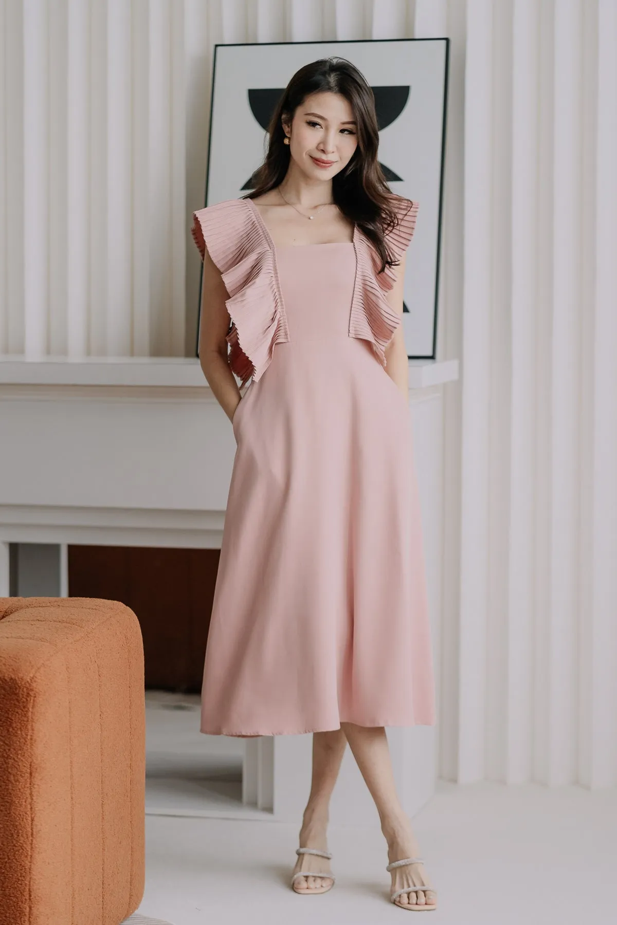 Dover Pleated Ruffle Midi Dress  - Dusty Pink [XS/S/M/L/XL]
