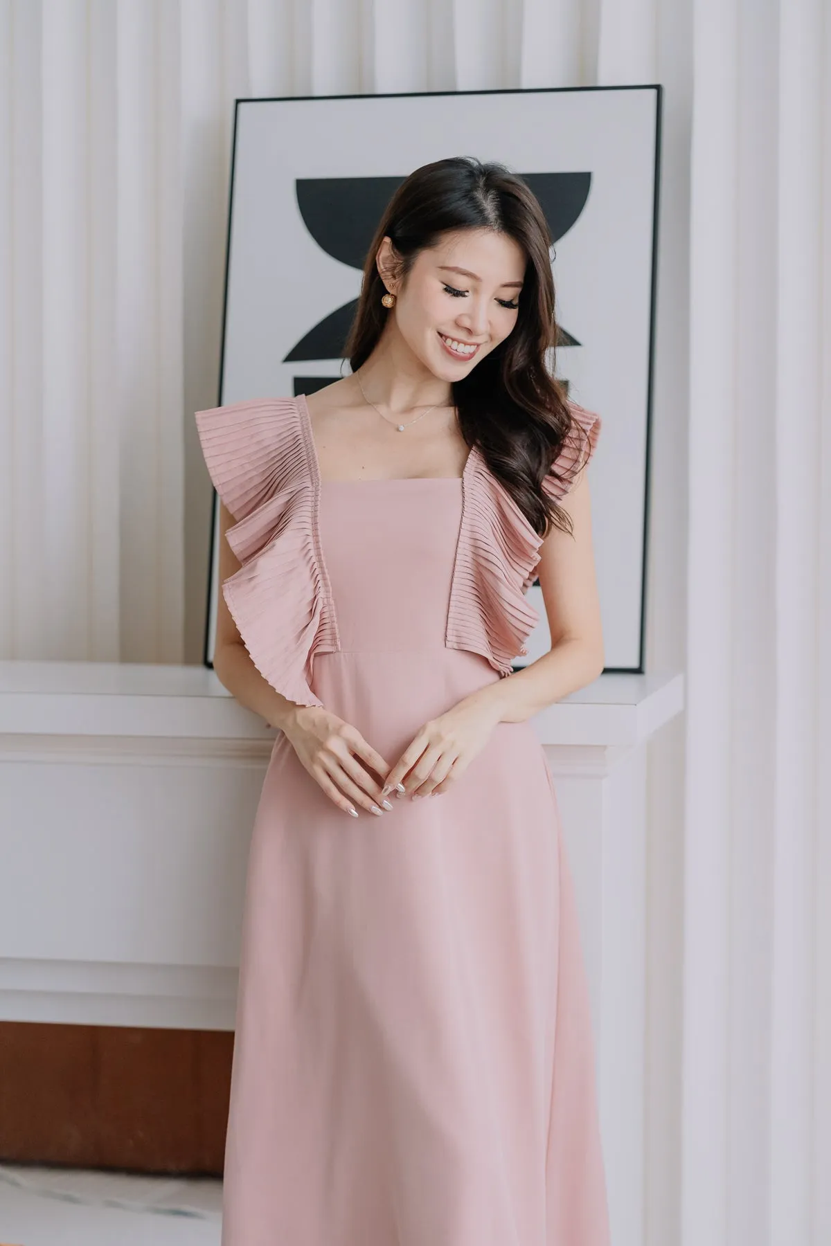 Dover Pleated Ruffle Midi Dress  - Dusty Pink [XS/S/M/L/XL]