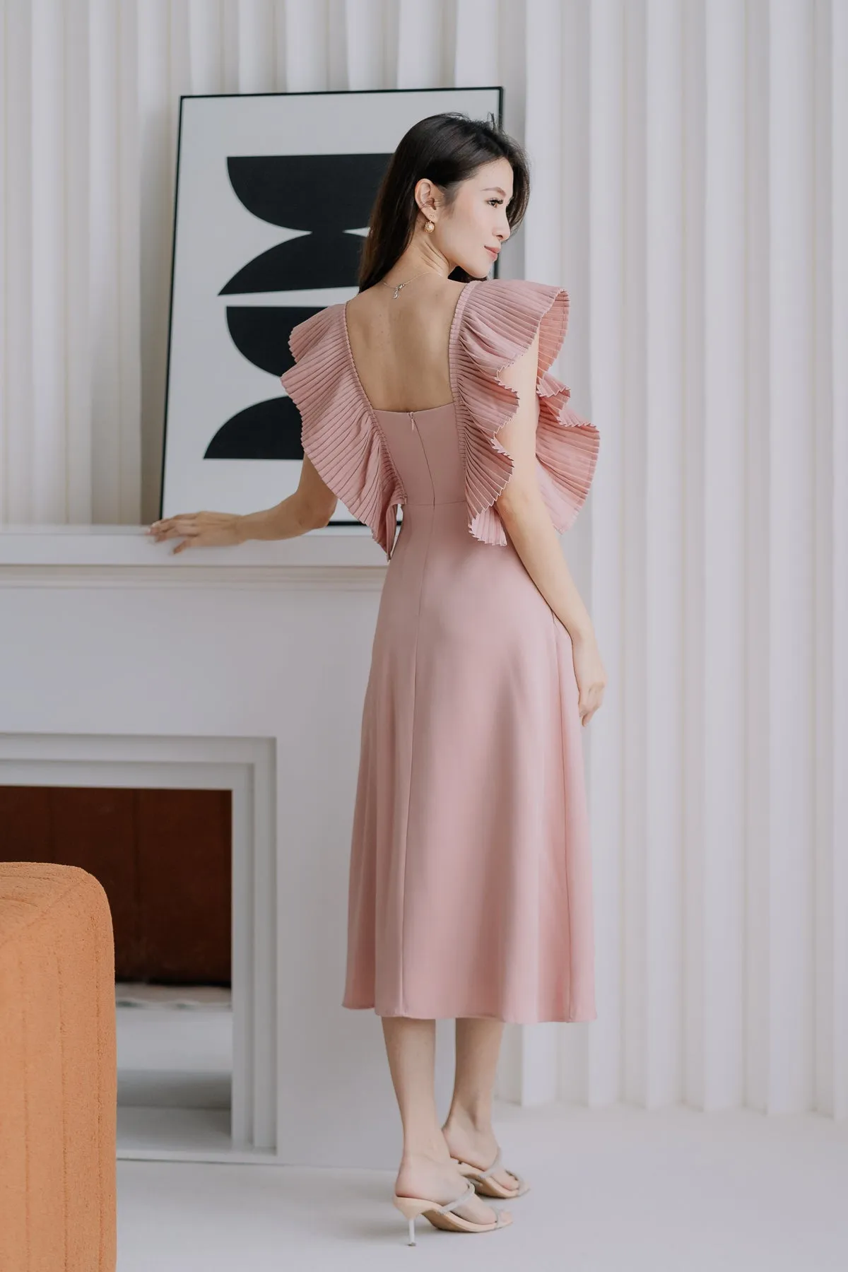Dover Pleated Ruffle Midi Dress  - Dusty Pink [XS/S/M/L/XL]