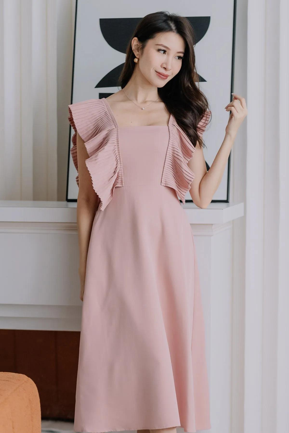 Dover Pleated Ruffle Midi Dress  - Dusty Pink [XS/S/M/L/XL]