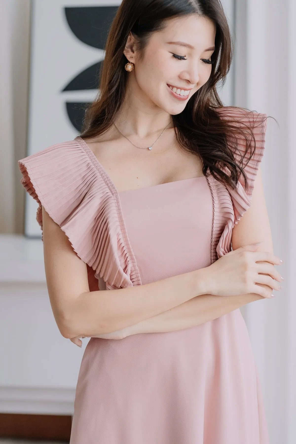 Dover Pleated Ruffle Midi Dress  - Dusty Pink [XS/S/M/L/XL]