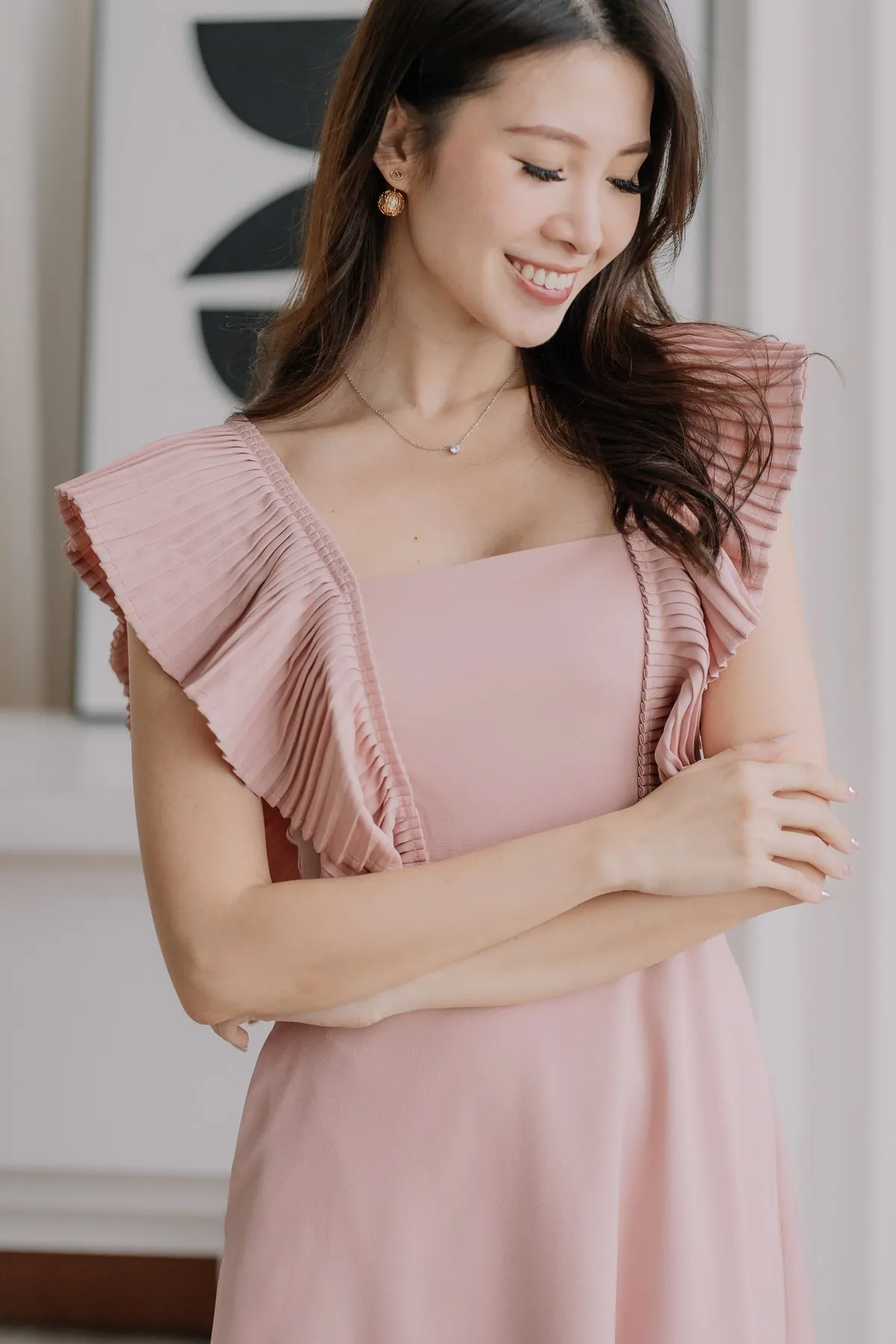 Dover Pleated Ruffle Midi Dress  - Dusty Pink [XS/S/M/L/XL]