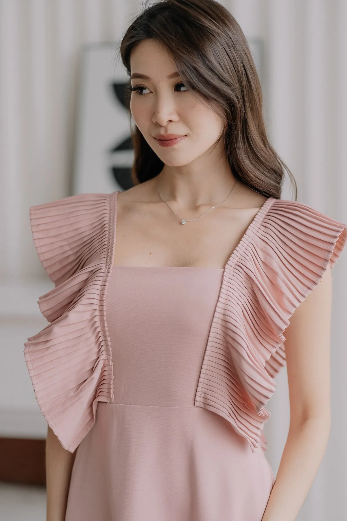 Dover Pleated Ruffle Midi Dress  - Dusty Pink [XS/S/M/L/XL]