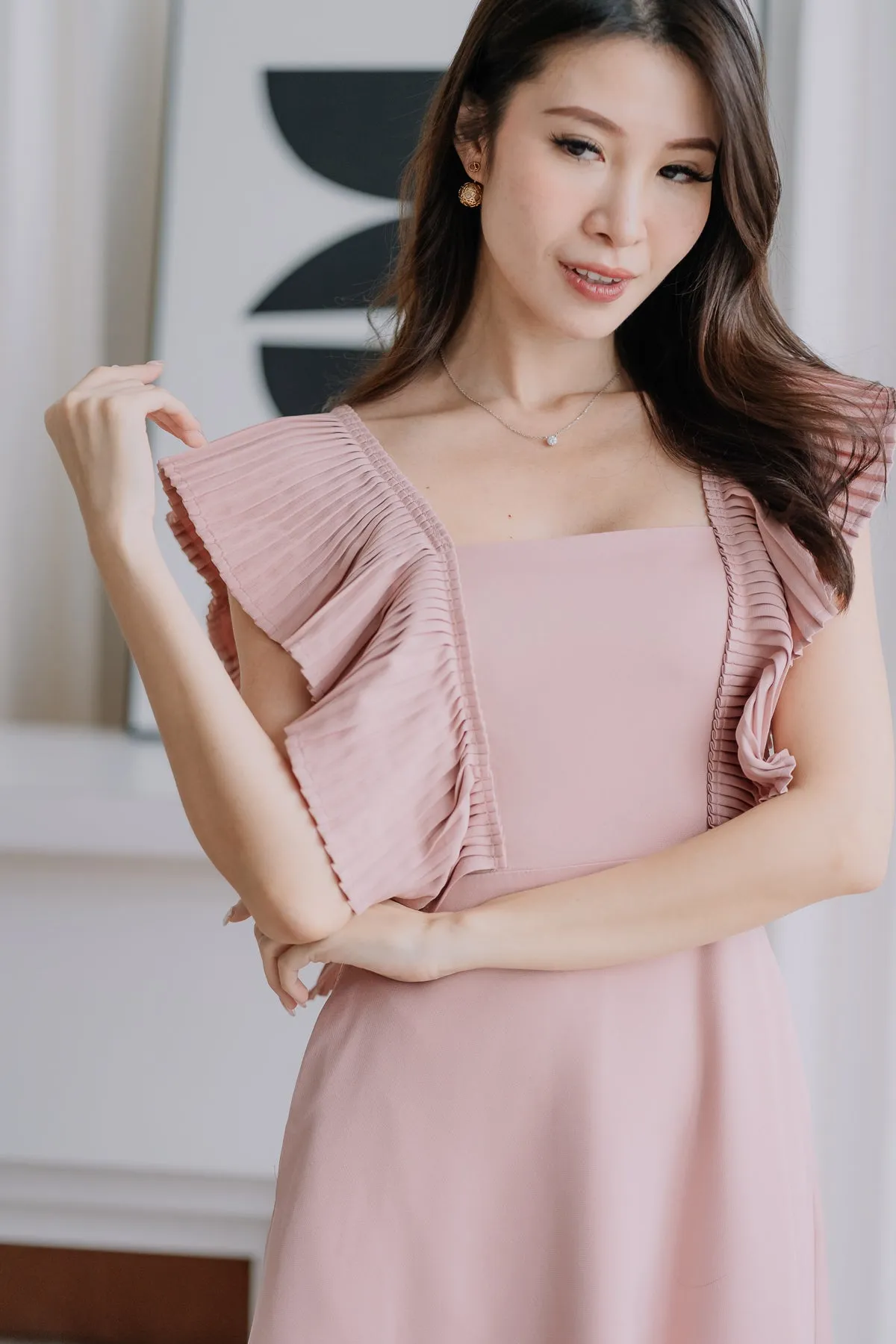 Dover Pleated Ruffle Midi Dress  - Dusty Pink [XS/S/M/L/XL]