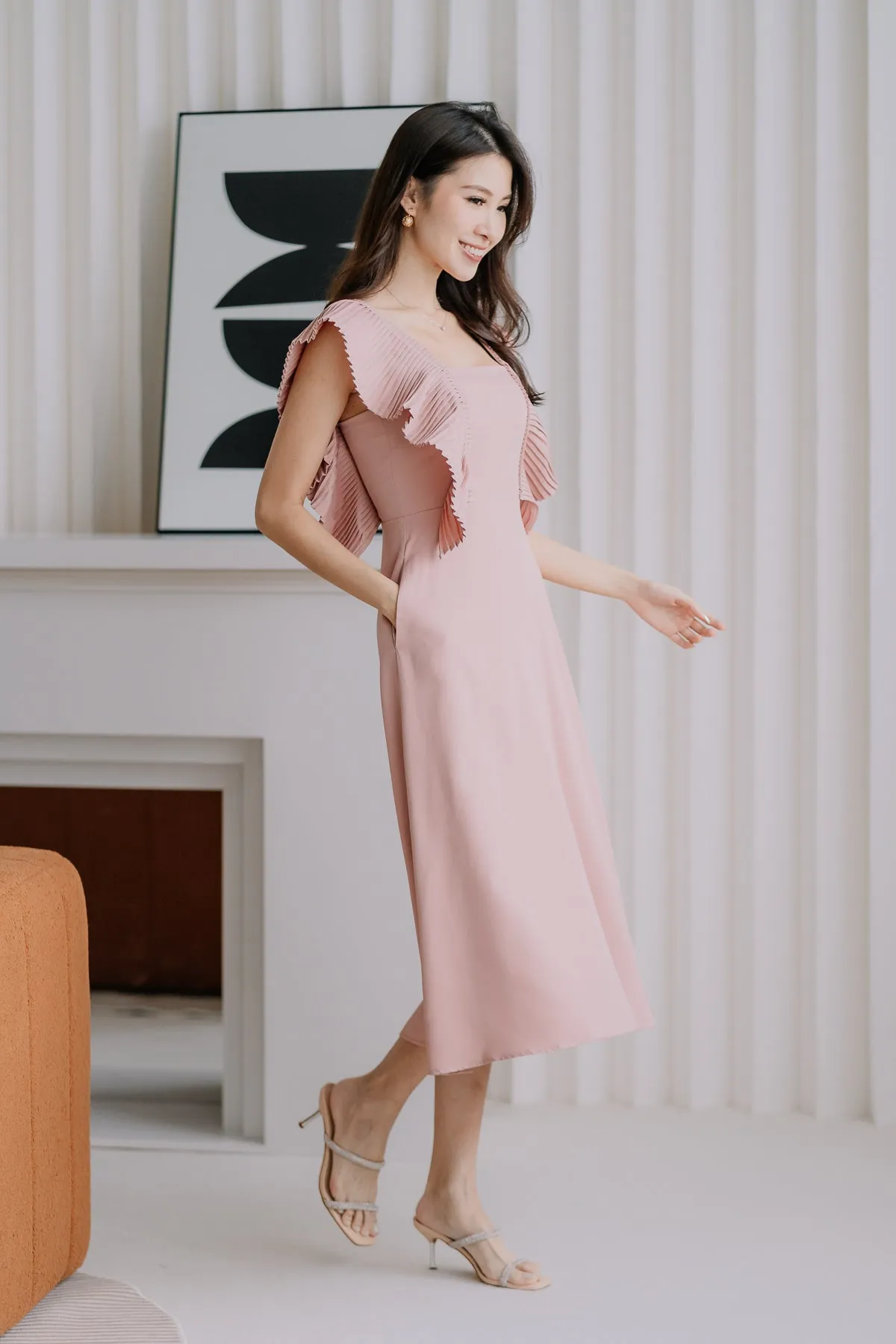 Dover Pleated Ruffle Midi Dress  - Dusty Pink [XS/S/M/L/XL]