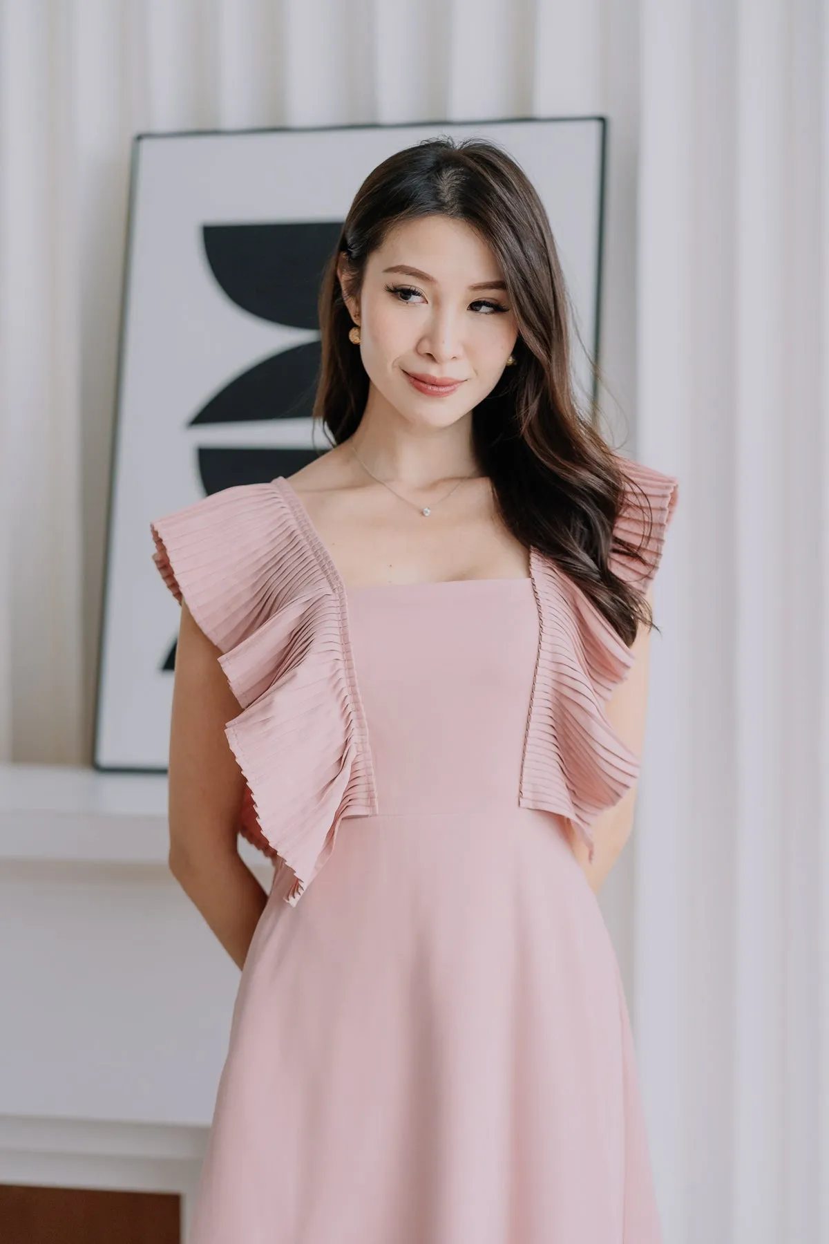 Dover Pleated Ruffle Midi Dress  - Dusty Pink [XS/S/M/L/XL]