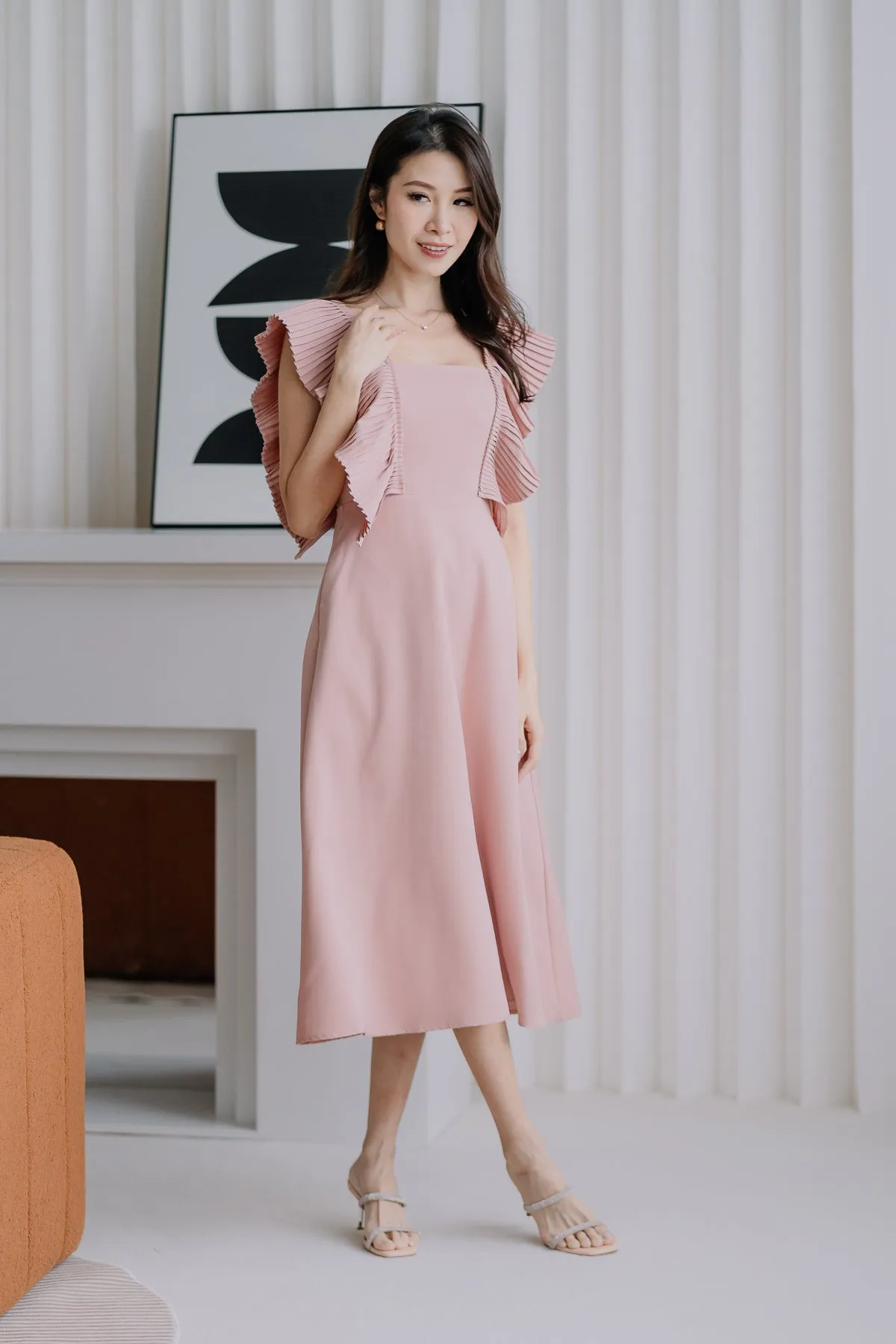 Dover Pleated Ruffle Midi Dress  - Dusty Pink [XS/S/M/L/XL]