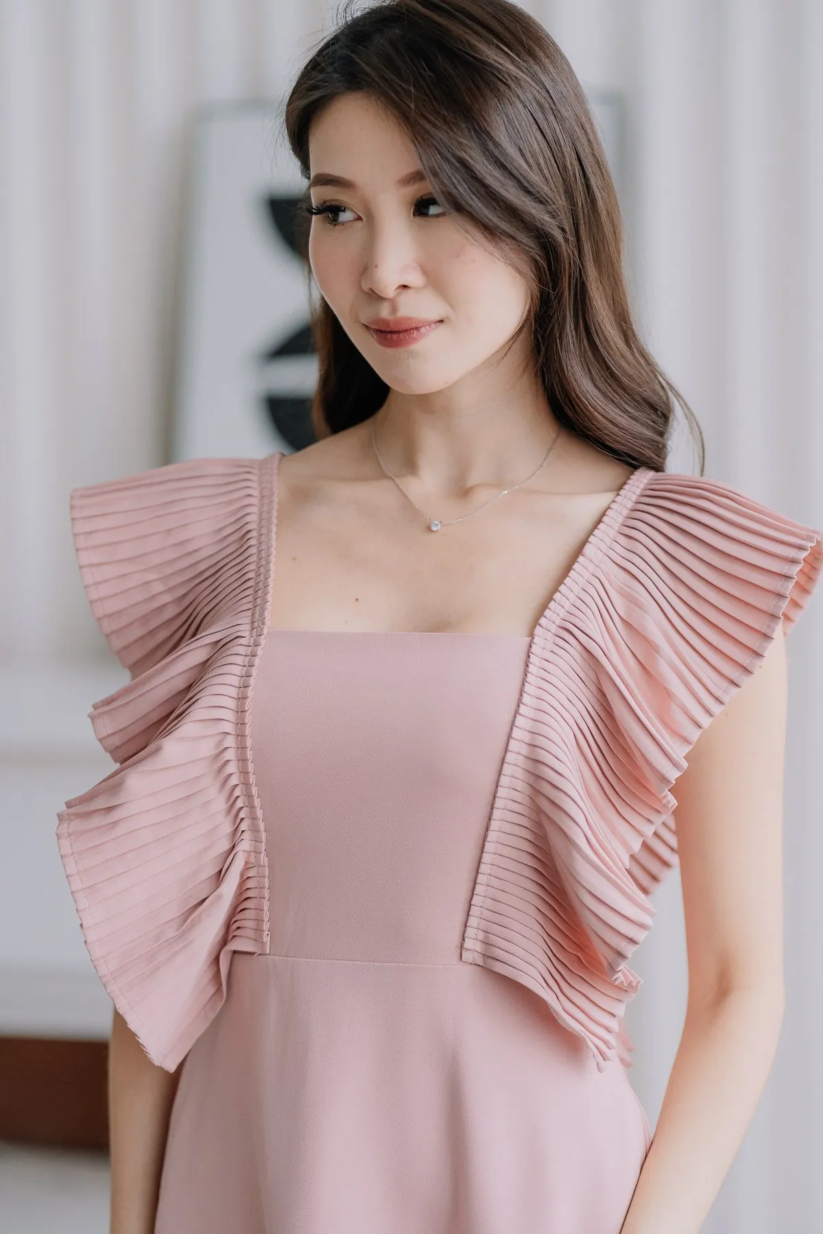 Dover Pleated Ruffle Midi Dress  - Dusty Pink [XS/S/M/L/XL]