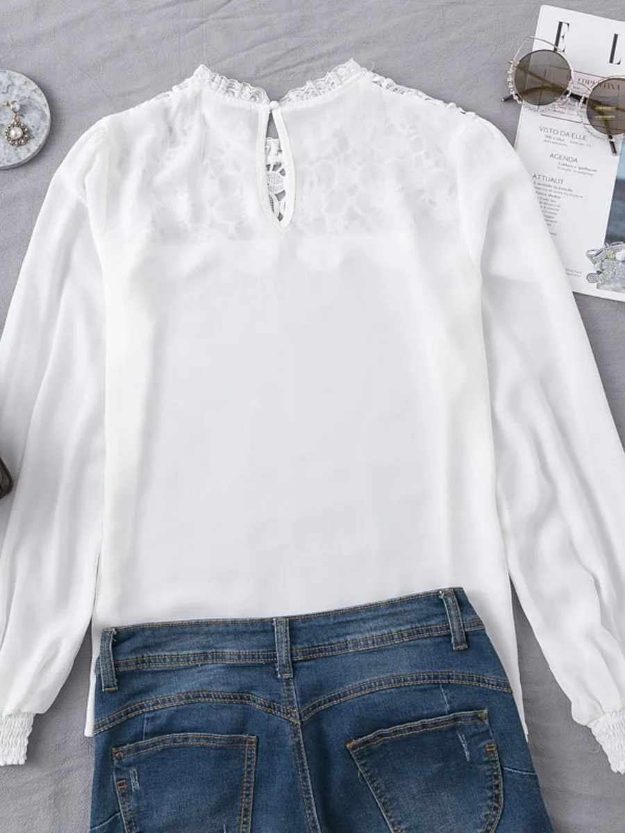 Embroidery Chiffon Blouse Shirts - White