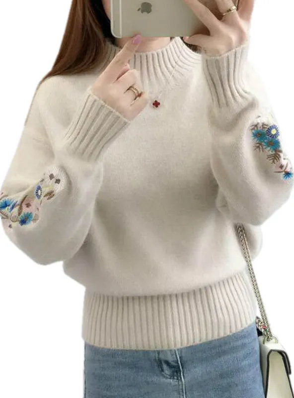Embroidery Turtleneck Sweater Women Long Sleeve Knit