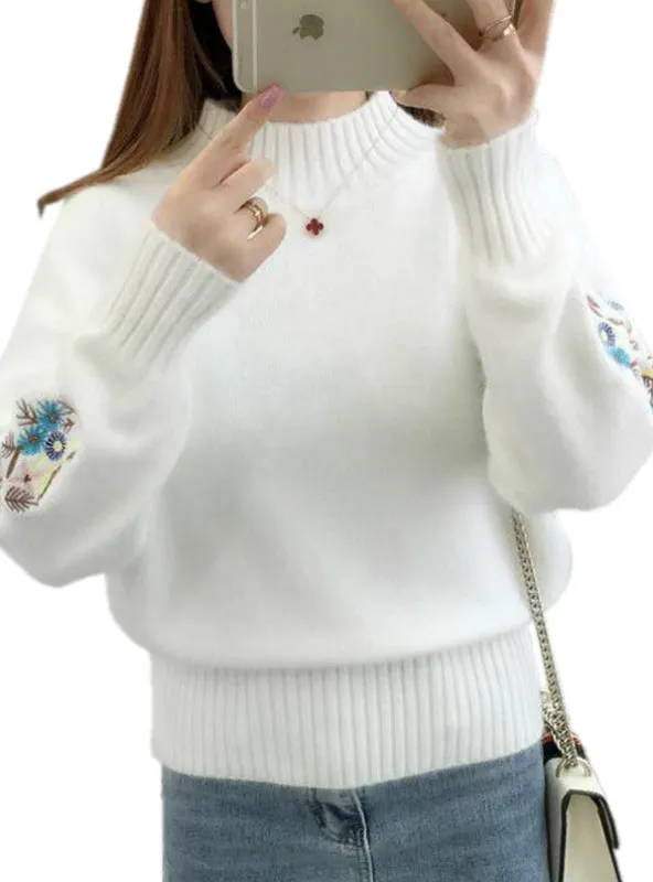 Embroidery Turtleneck Sweater Women Long Sleeve Knit
