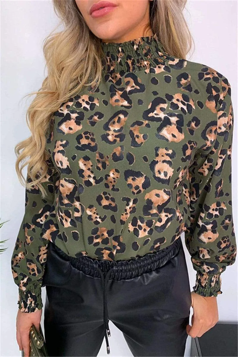 Fashion Sexy Leopard Turtleneck Chiffon Top