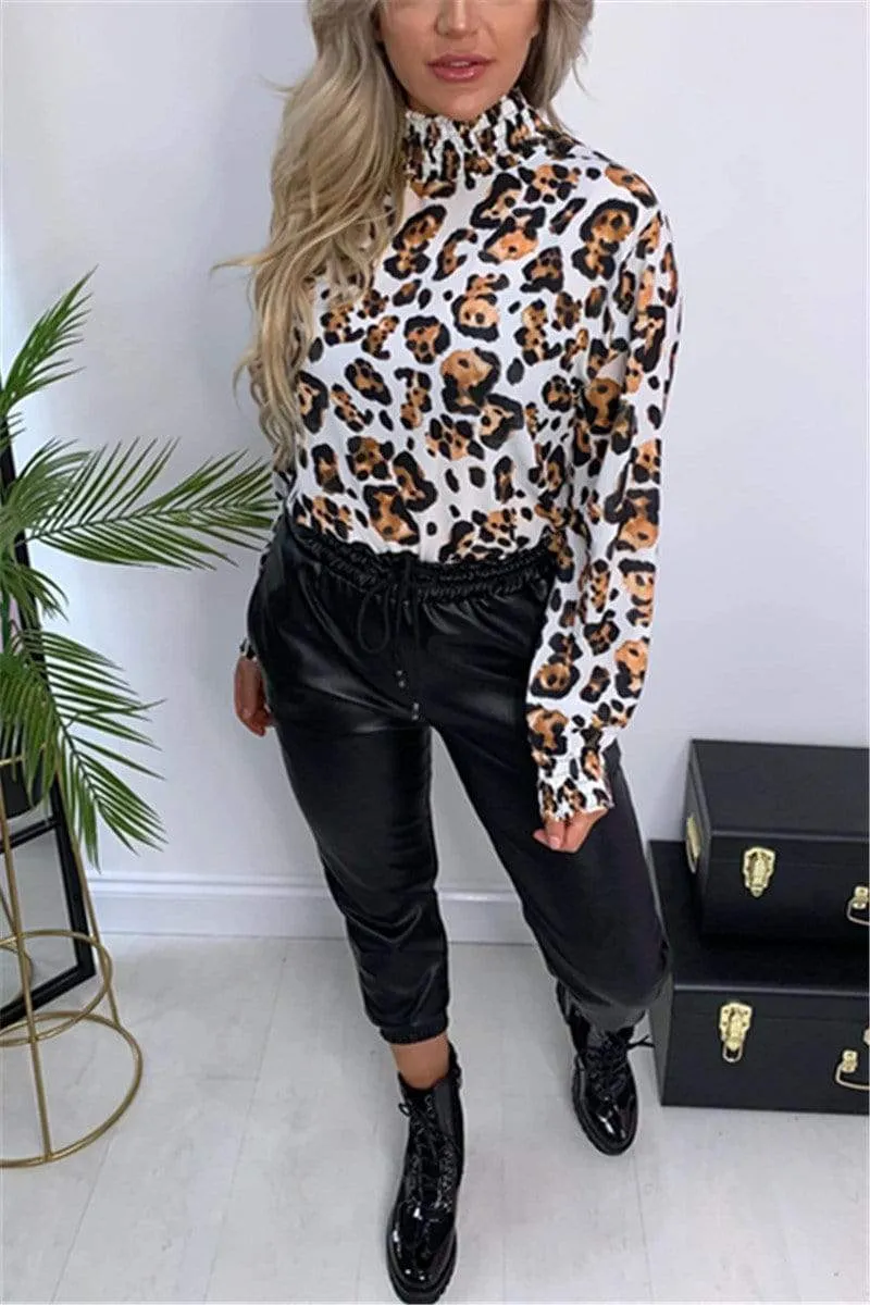 Fashion Sexy Leopard Turtleneck Chiffon Top
