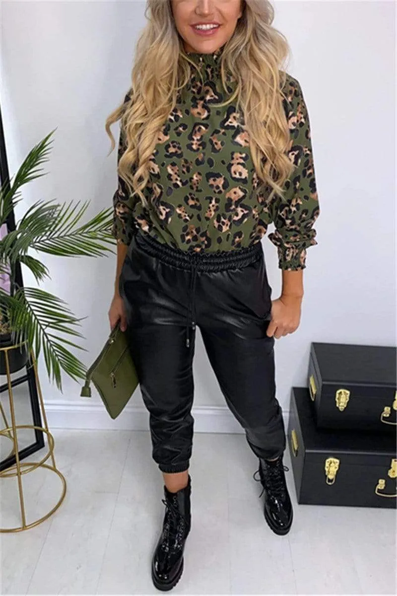 Fashion Sexy Leopard Turtleneck Chiffon Top