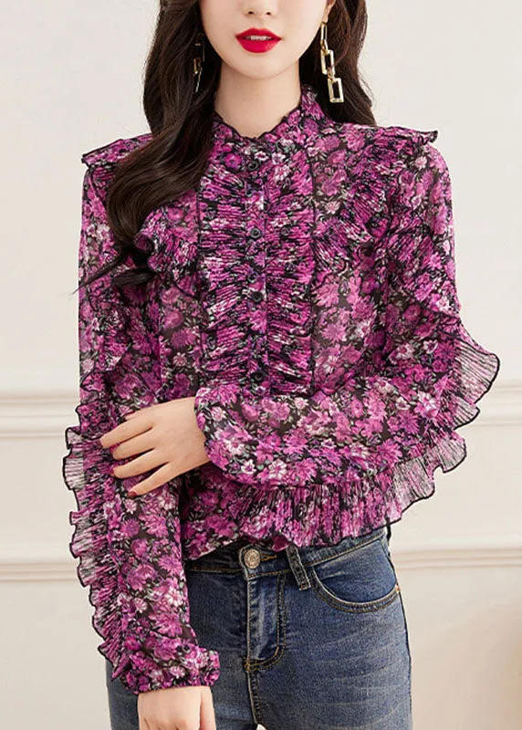 Fine Pink Turtleneck Print Button Chiffon Top Long Sleeve ML1980