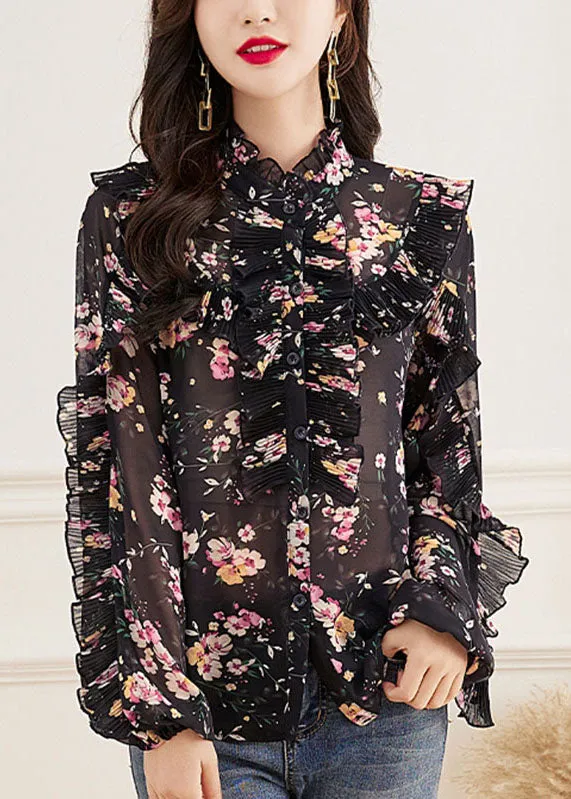 Fine Pink Turtleneck Print Button Chiffon Top Long Sleeve ML1980