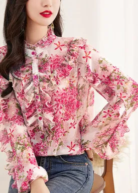 Fine Pink Turtleneck Print Button Chiffon Top Long Sleeve ML1980