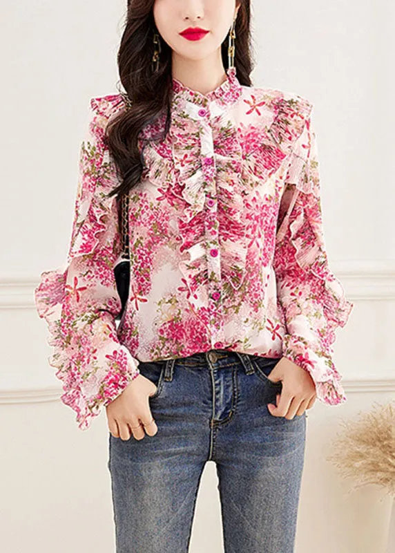 Fine Pink Turtleneck Print Button Chiffon Top Long Sleeve ML1980