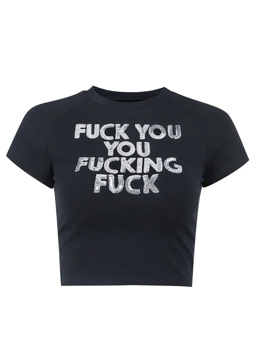 FUUFF Round Neck Glitter Short Sleeve T-Shirt